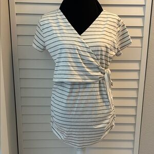 Chic Striped Wrap Blouse - White and Gray